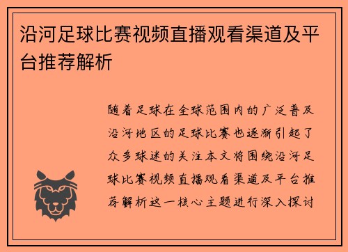 沿河足球比赛视频直播观看渠道及平台推荐解析